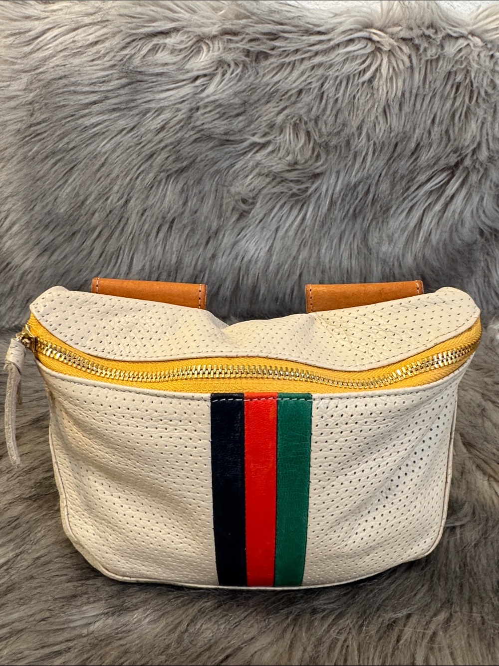 Clair V Cream Perforated Belt Bag with Red, Green & Black Stripe